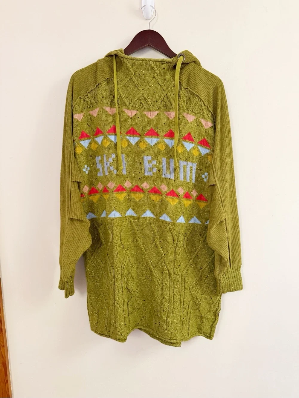 Free People Ski Bum Green Cable Knit Hooded Sweater Size Small Oversized